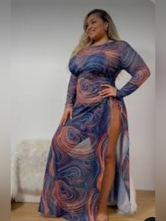 Dresses & Skirts - Plus Size Blue Swirl Long Sleeve Side-Slit Maxi Dress Cover Up